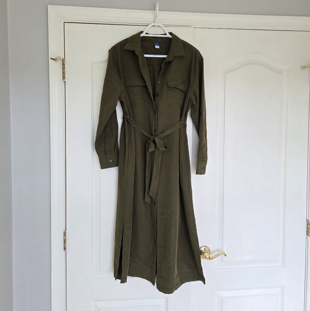 Long Sleeve Shirt Dress with Waist Tie - Olive Green